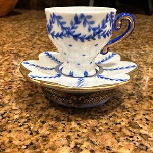 Limoges Blue and White Porcelain Pill or Snuff Box. Teacup and saucer design.